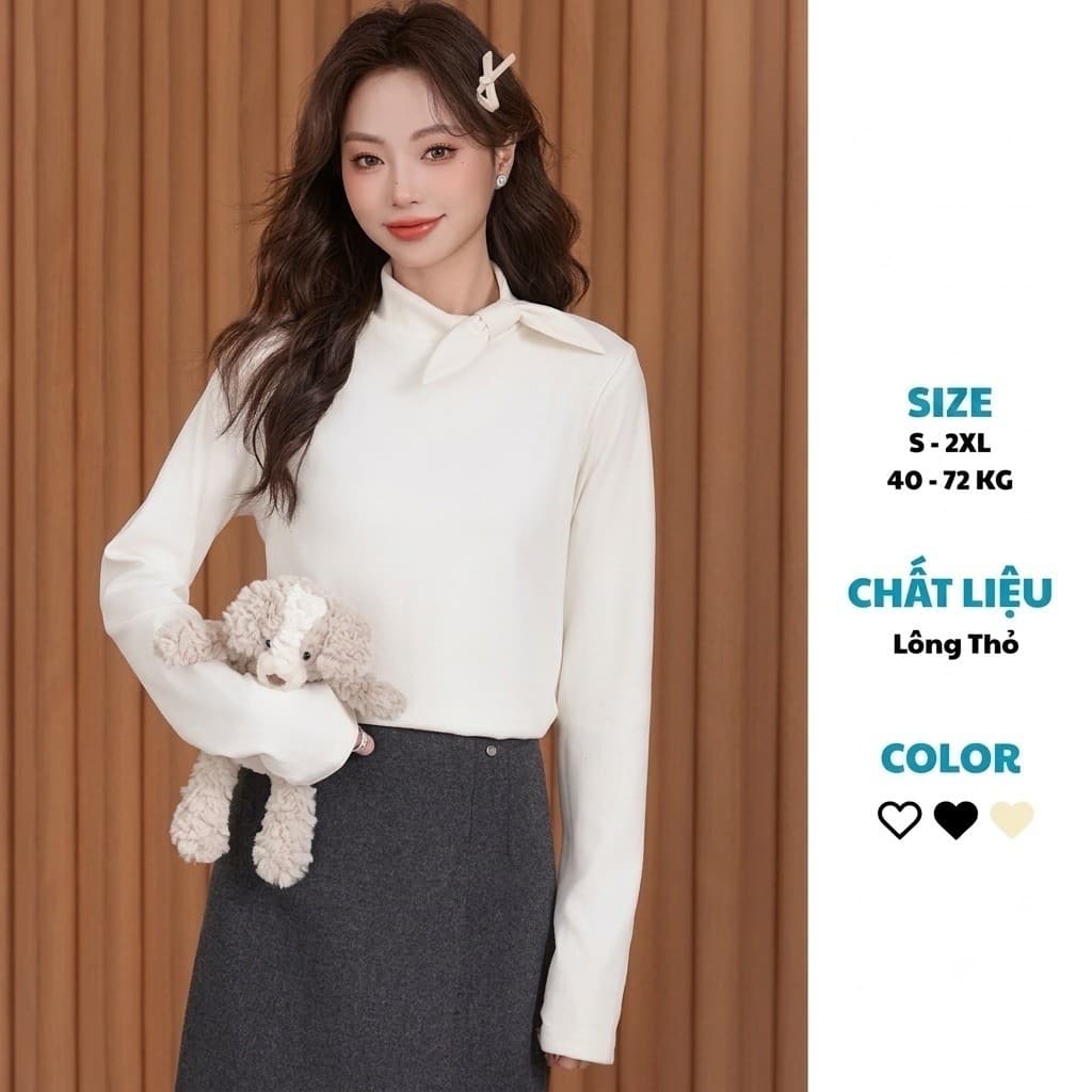 (Deal Sốc) Áo Thun Chất Giữ Nhiệt Lông Thỏ Thiết Kế Cổ Nơ Kiểu Pháp Thanh Lịch dày ấm- T2 Fashion A68