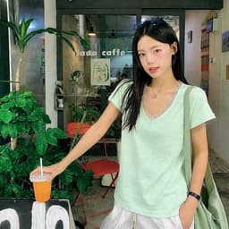 Áo Thun Nữ Cổ V NIVRA Phối Viền Ren Tay Ngắn Thun Giấy 9