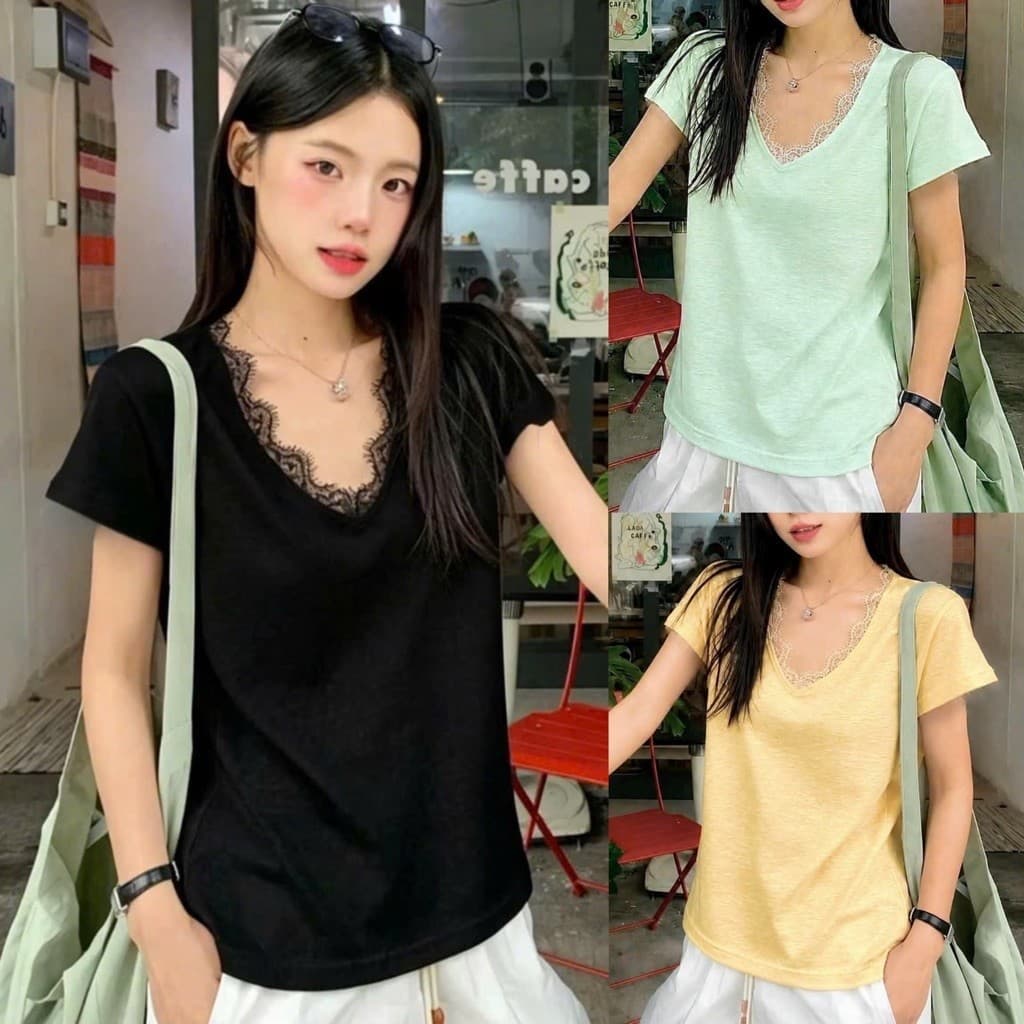 Áo Thun Nữ Cổ V NIVRA Phối Viền Ren Tay Ngắn Thun Giấy