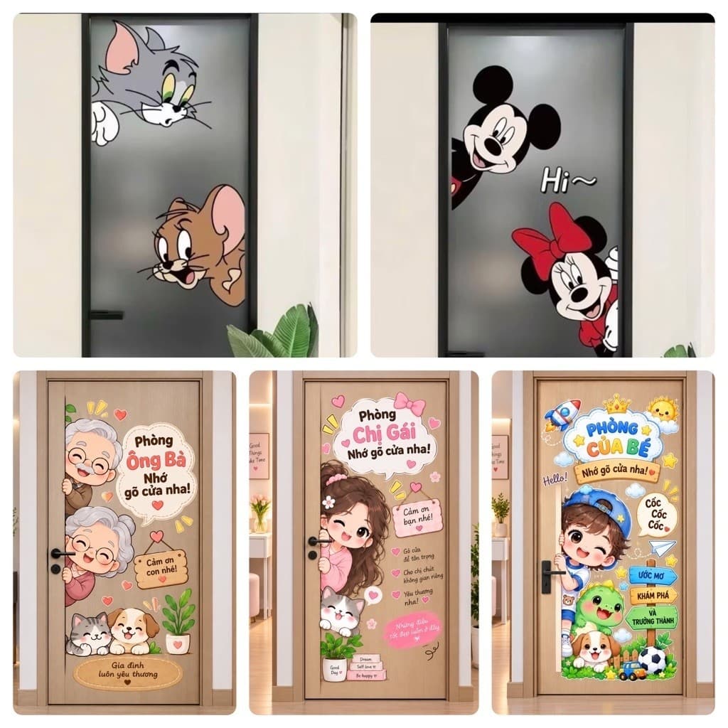 Miếng dán cửa phòng ngủ hình Micky, Tom & Jerry , kity … các nhân vật hoạt hình nhiều kt