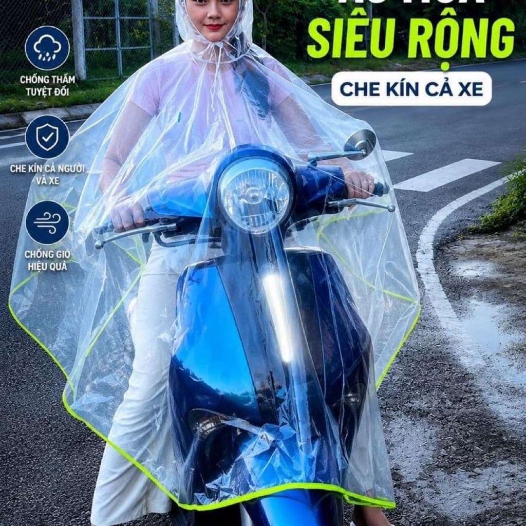 Áo Mưa Choàng Xe Máy Dài 1,4m Rộng 1,2m Trong Suốt Chống Nước Tuyệt Đối Viền Phản Quang An Toàn Đi Mưa Giá Rẻ Chính Hãng