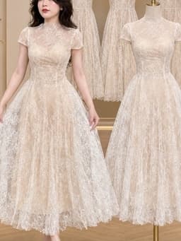 XUKADRESS_ Váy ren kem xoè tiểu thư, váy xoè màu kem dự tiệc 1