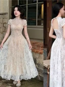 XUKADRESS_ Váy ren kem xoè tiểu thư, váy xoè màu kem dự tiệc 2