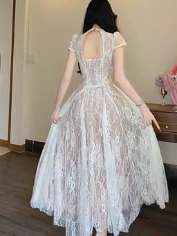 XUKADRESS_ Váy ren kem xoè tiểu thư, váy xoè màu kem dự tiệc 4
