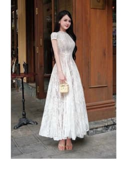 XUKADRESS_ Váy ren kem xoè tiểu thư, váy xoè màu kem dự tiệc 6