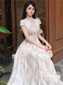 XUKADRESS_ Váy ren kem xoè tiểu thư, váy xoè màu kem dự tiệc 5