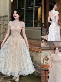 XUKADRESS_ Váy ren kem xoè tiểu thư, váy xoè màu kem dự tiệc 3