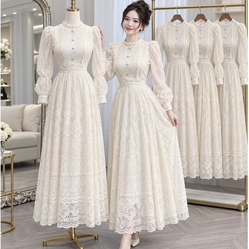 Váy Maxi Ren Màu Kem Xukadress – Đi Tiệc/Chụp Ảnh – Form xoè Đẹp – Sang Trọng, Váy Dự Tiệc, Váy du lịch Dài Thướt Tha