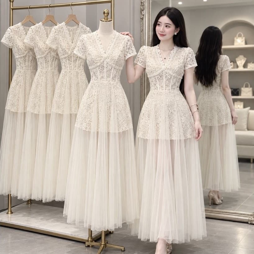 Xukadress - Váy ren xoè phối lưới đi tiệc sang chảnh