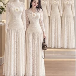 XUKADRESS_Váy ren dài dự tiệc, váy ren kem sang chảnh đính hoa 1