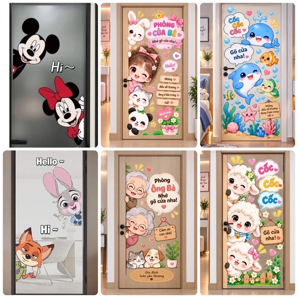 Miếng dán cửa hoạt hình sẵn keo hình micky & Tom & kity doremon