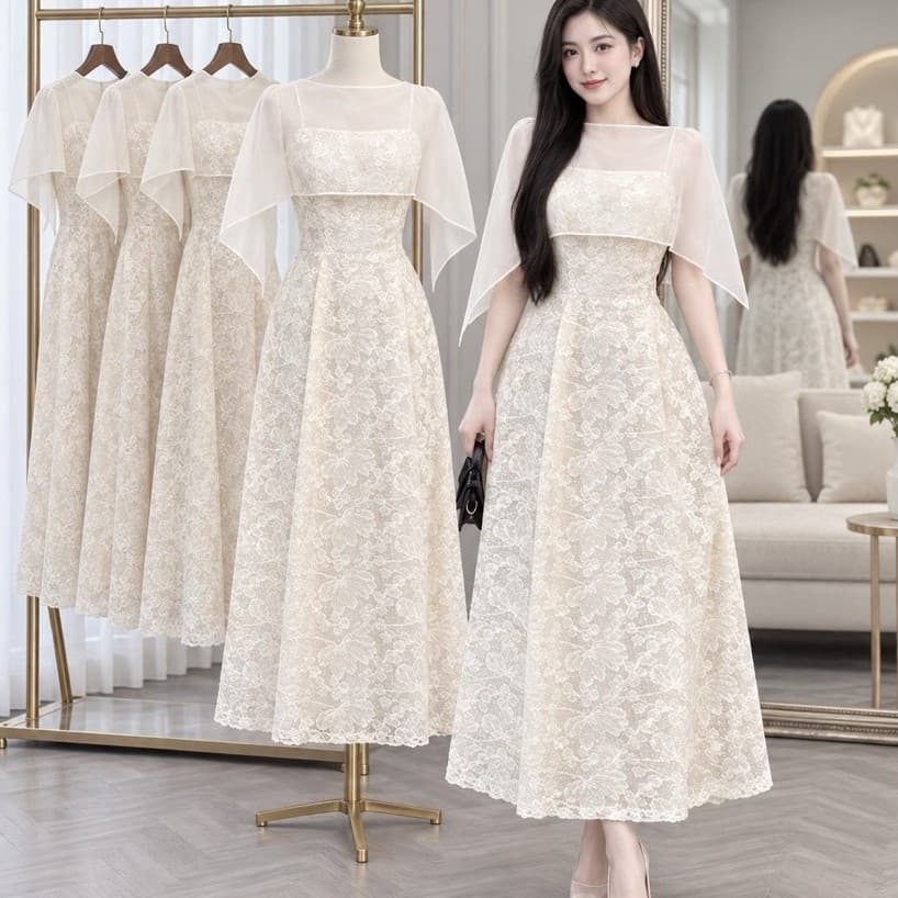 XUKADRESS_ VÁY REN KEM XOÈ KÈM KHĂN CHOÀNG – SANG TRỌNG & TINH TẾ ✨Váy dự tiệc sang chảnh