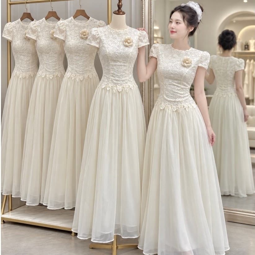 Xukadress_Váy ren kem xoè tiểu thư, váy ren dáng dài dự tiệc sang chảnh