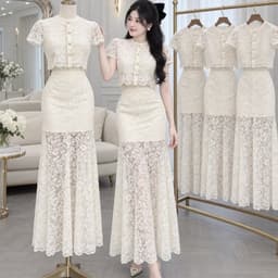 Xukadress_ Set Ren Đuôi Cá Màu Kem • Set Áo + Váy Ren Sang Trọng • Form Ôm Tôn Dáng – Dự Tiệc, Đi Chơi, Chụp Ảnh 1