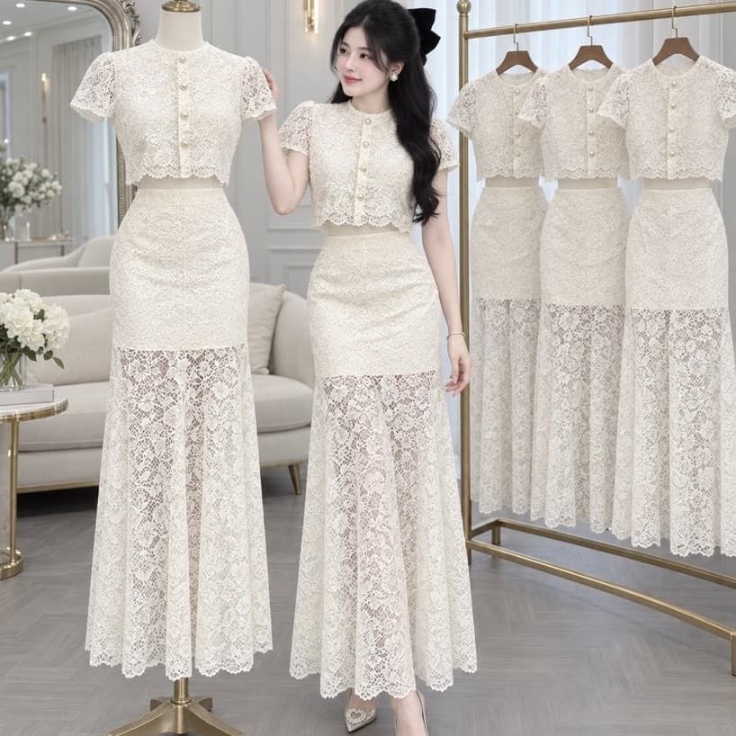Xukadress_ Set Ren Đuôi Cá Màu Kem • Set Áo + Váy Ren Sang Trọng • Form Ôm Tôn Dáng – Dự Tiệc, Đi Chơi, Chụp Ảnh