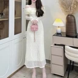 Đầm ren trắng kem trễ vai Xukadress, váy đen ren dáng dài trễ vai cho nữa đi tiệc sang trọng 9