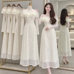 Đầm ren trắng kem trễ vai Xukadress, váy đen ren dáng dài trễ vai cho nữa đi tiệc sang trọng 1