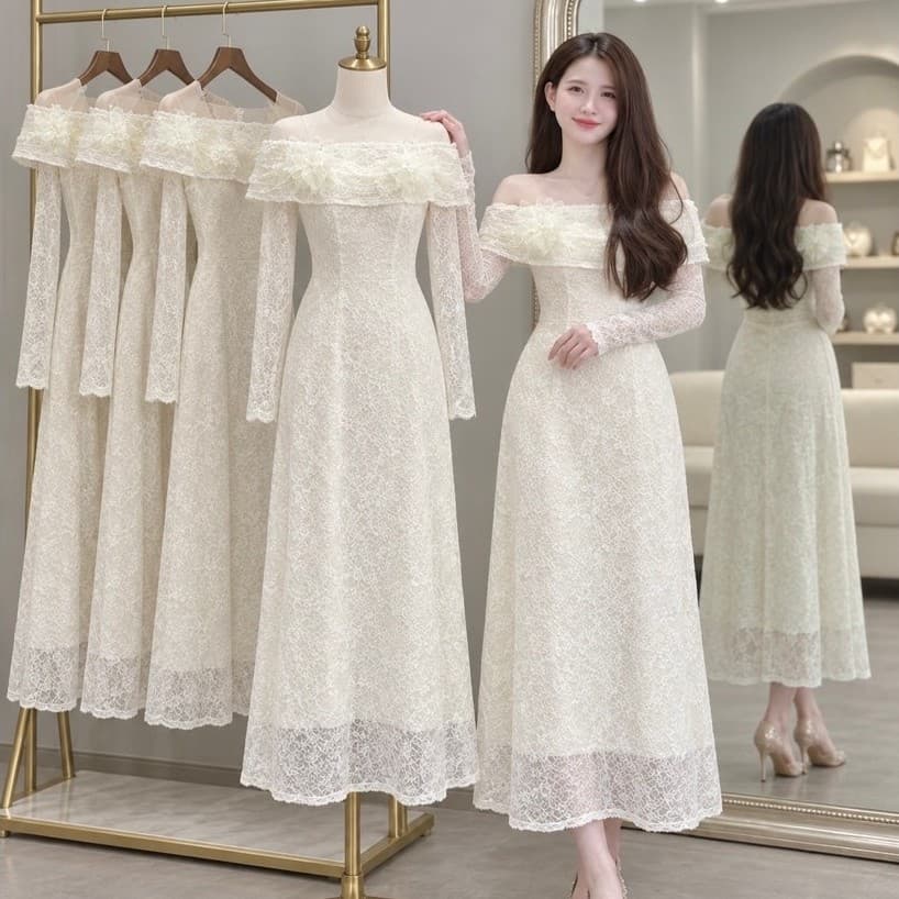 Đầm ren trắng kem trễ vai Xukadress, váy đen ren dáng dài trễ vai cho nữa đi tiệc sang trọng