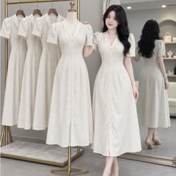 Váy midi màu kem, đầm suông dài qua gối thời trang nữ đơn giản, thanh lịch Xukadress 1