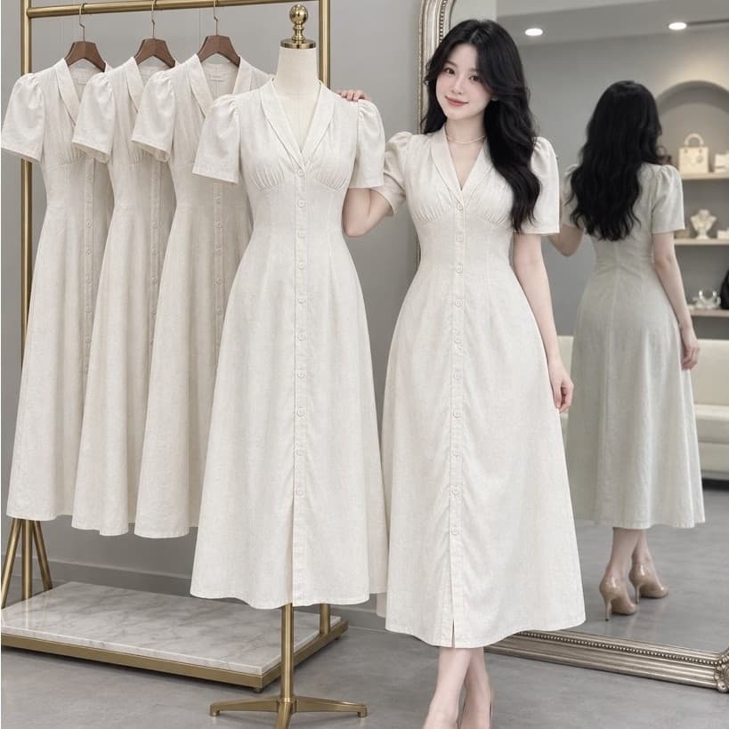 Váy midi màu kem, đầm suông dài qua gối thời trang nữ đơn giản, thanh lịch Xukadress