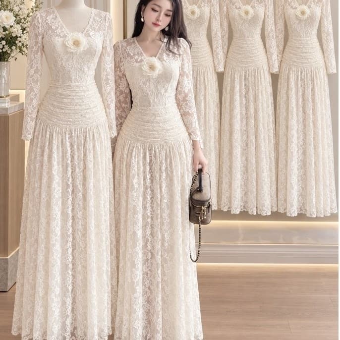 Xukadress_ Đầm ren kem dài phối ren dự tiệc – Váy ren nữ cao cấp sang chảnh thanh lịch