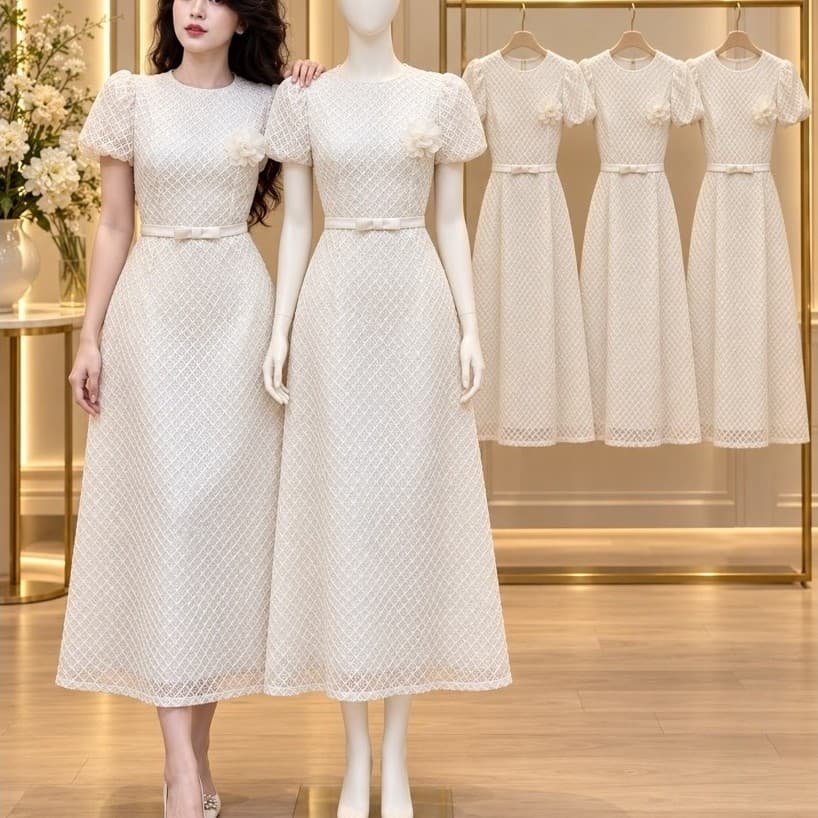 Xukadress_Đầm trắng voan hoa eo, đầm trắng dự tiệc sang chảnh