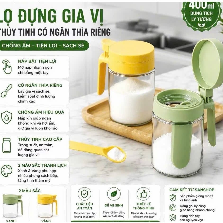 Lọ Đựng Gia Vị Thuỷ Tinh Có Ngăn Thìa Riêng DECOR, Hũ Đựng Gia Vị Nhà Bếp Chống Ẩm Dung Tích 400ml 053