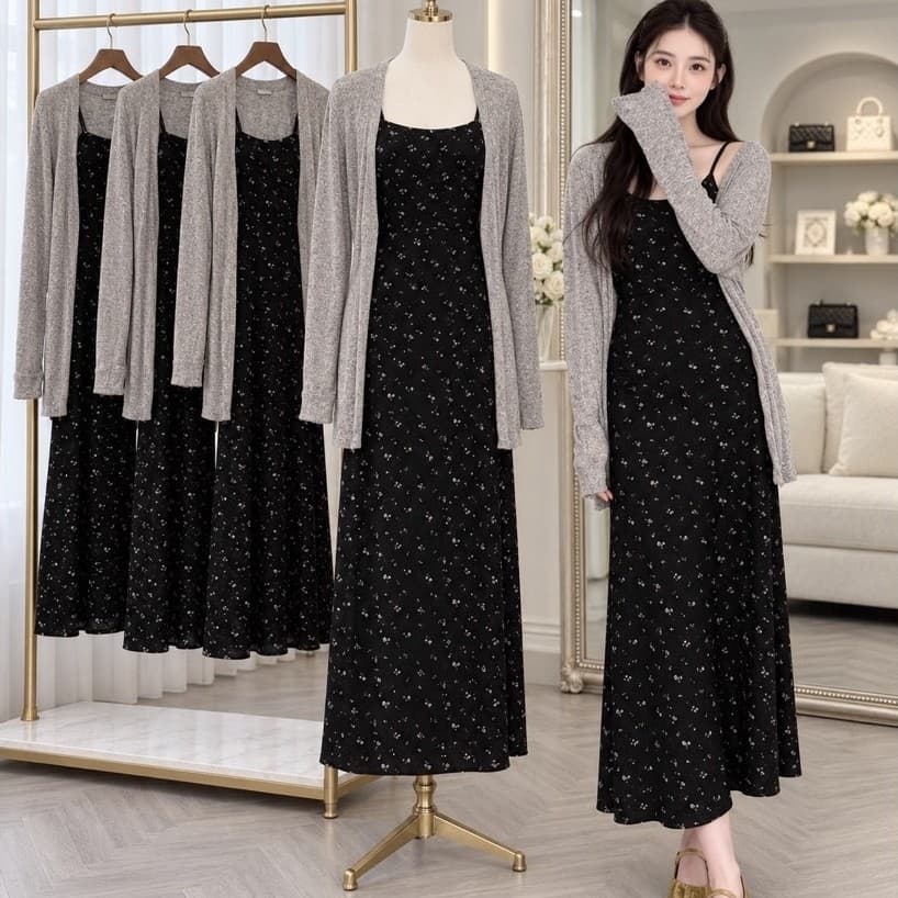 SET ĐẦM HOA NHÍ KÈM ÁO KHOÁC XÁM