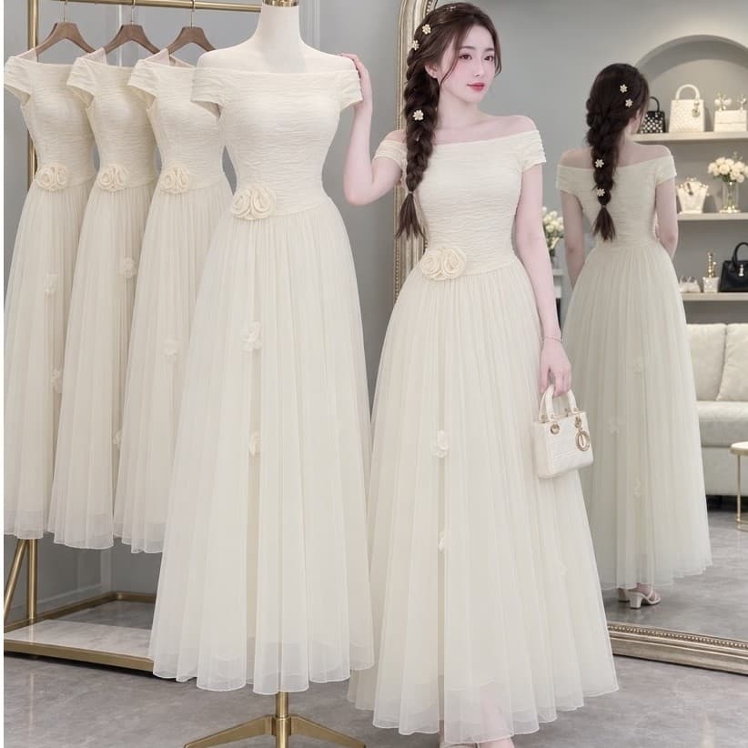 váy xoè bẹt vai hoa eo, váy dài sang chảnh