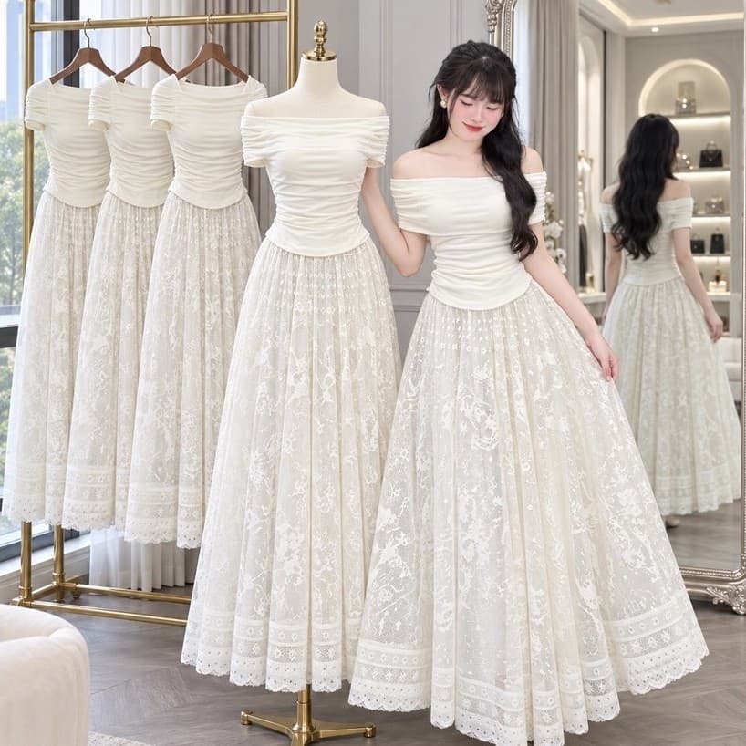 Set đồ bộ áo bẹt vai ren và chân váy voan dài, thời trang nữ đi tiệc sang trọng, cao cấp Xukadress