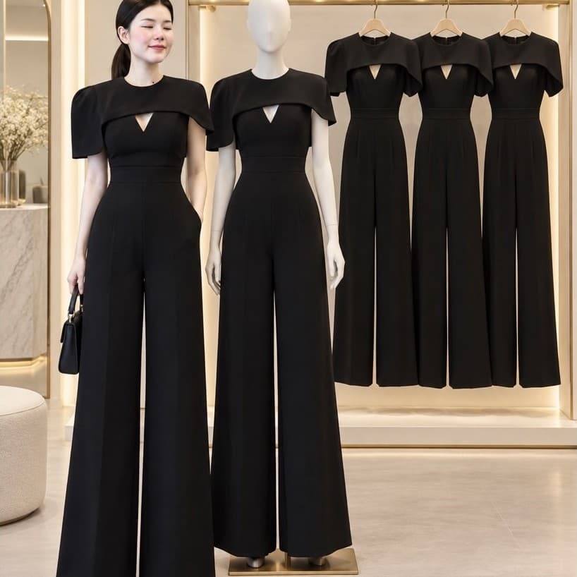 Set bộ đen dài ( sz S M L) sang trọng thanh lịch Xukadress – Set jumpsuit tay choàng dự tiệc thanh lịch, tôn dáng