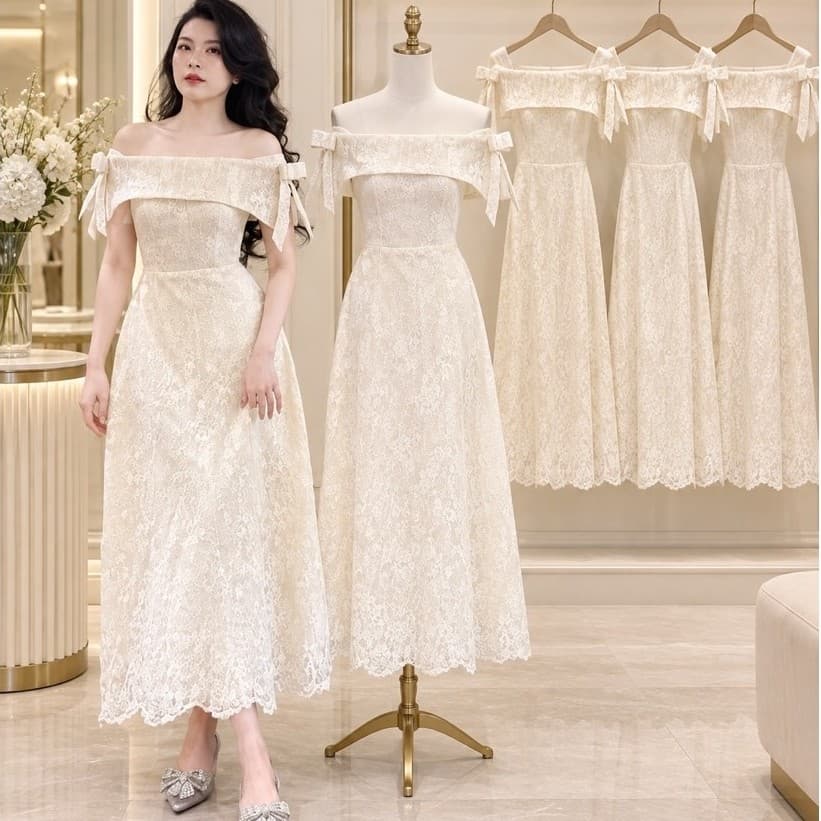 Xukadress_ váy ren kem trễ vai dự tiệc sang chảnh