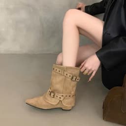 Giày bốt cao bồi miền Tây cổ điển mẫu mới mùa thu 2026, bốt cao đến bắp chân, bốt cổ ngắn, bốt Martin dáng rộng. 3