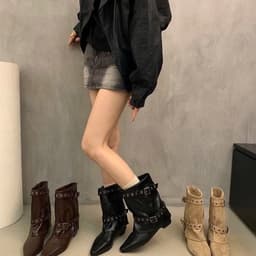 Giày bốt cao bồi miền Tây cổ điển mẫu mới mùa thu 2026, bốt cao đến bắp chân, bốt cổ ngắn, bốt Martin dáng rộng. 2