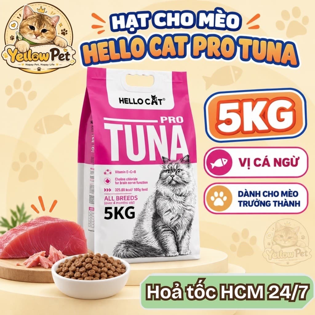 [ Bao 5kg Chính Hãng ] Hạt Cho Mèo HelloCat Vị Cá Ngừ  - Hỗ Trợ Tiêu Hóa, Lông Mượt, Bảo Vệ Răng Mệng | Yellow Pet