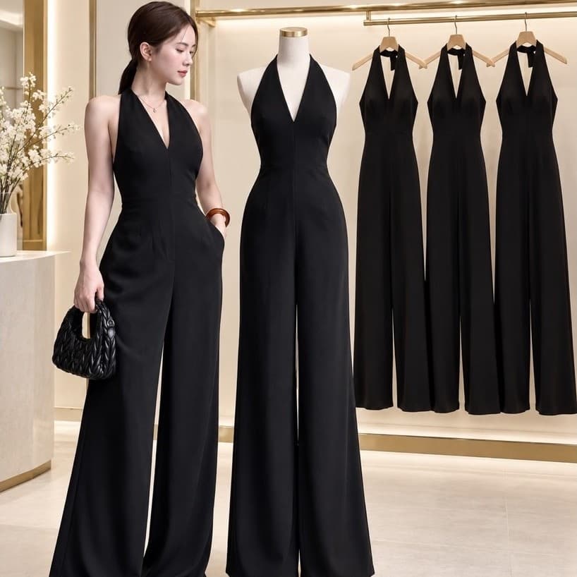 Jump đen cổ yếm dáng dài hở lưng ống rộng vải cao cấp dự tiệc công sở Xukadress