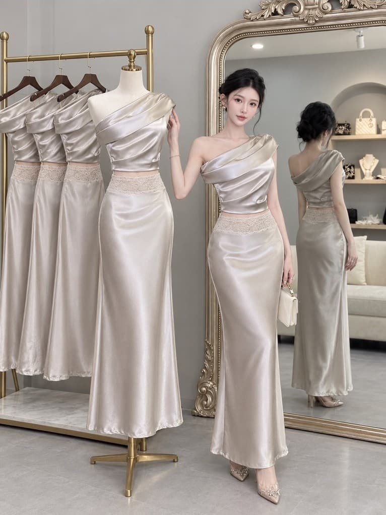 SET LỤA LỆCH VAI PHỐI REN TIỂU THƯ SANG CHẢNG