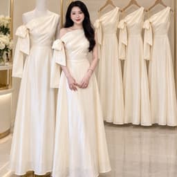 Đầm maxi dáng dài Xukadress váy voan kem lệch vai kèm nơ tôn dáng cho nữ dự tiệc thanh lịch 1