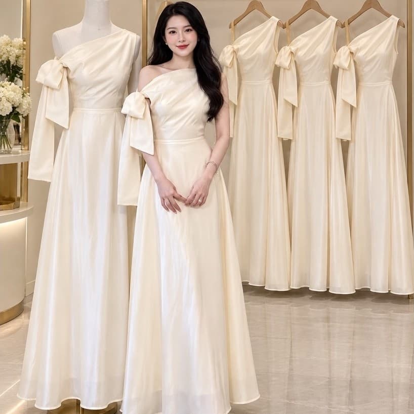 Đầm maxi dáng dài Xukadress váy voan kem lệch vai kèm nơ tôn dáng cho nữ dự tiệc thanh lịch