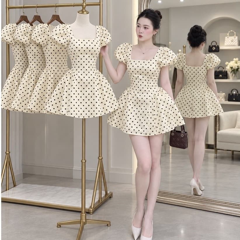 Xukadress_ Váy kem bi cổ u, bi xoè sang chảnh
