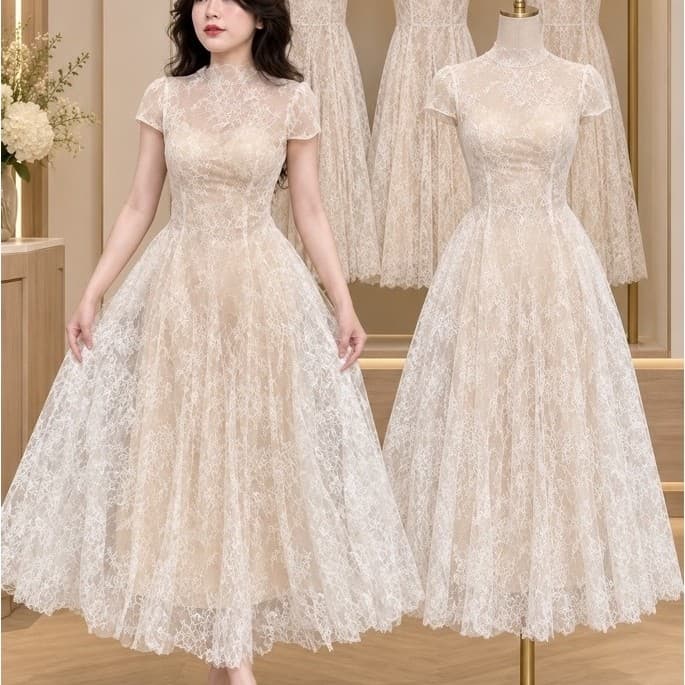 Xukadress_ Váy ren xoè tiểu thư hở lưng sang chảnh, váy ren dài xoè dự tiệc sang chảnh