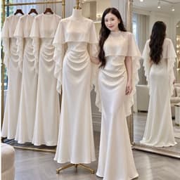 Xukadress_Set đầm lụa cổ yếm kèm khăn voan, đầm lụa dự tiệc màu kem sang chảnh 1