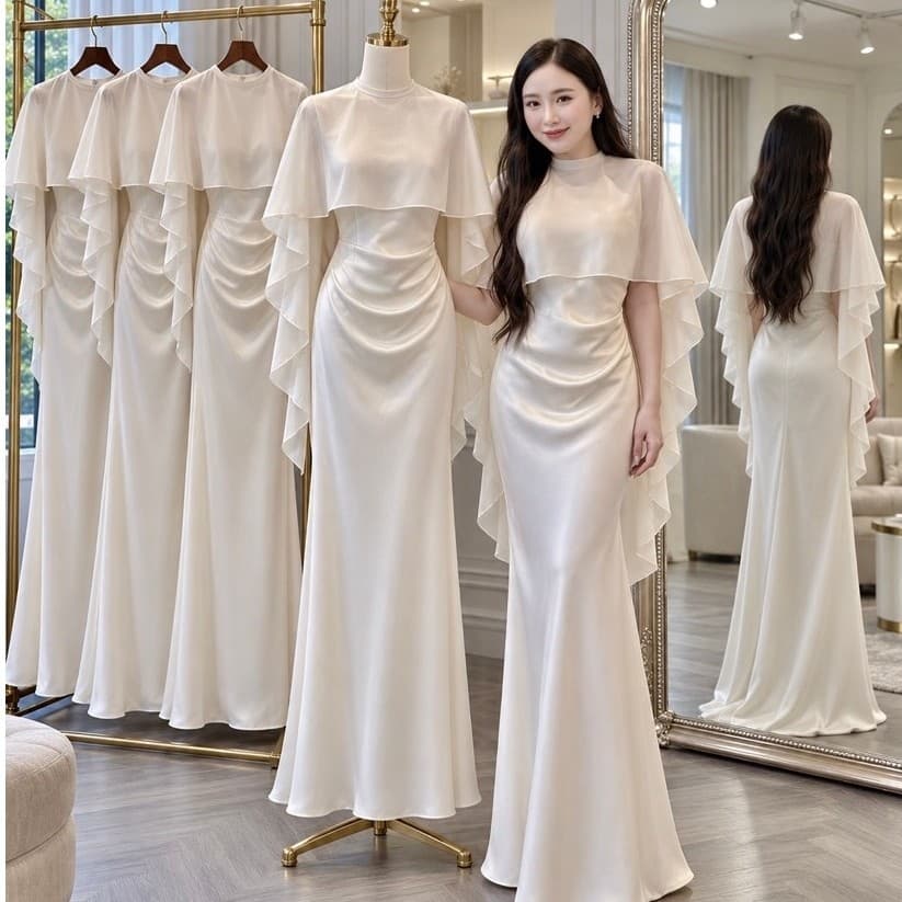 Xukadress_Set đầm lụa cổ yếm kèm khăn voan, đầm lụa dự tiệc màu kem sang chảnh