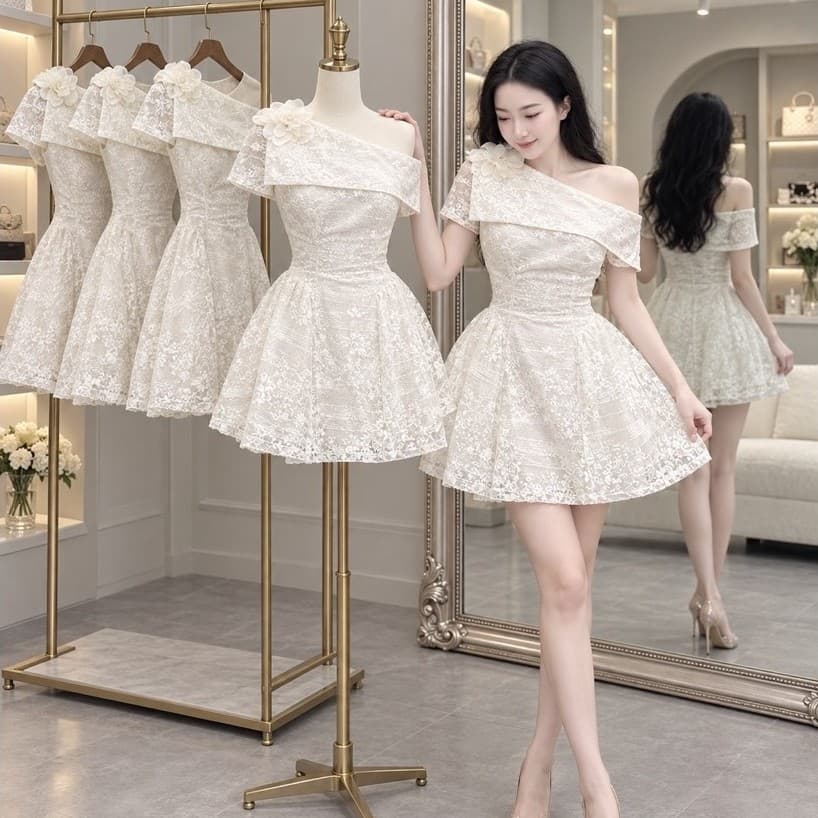 VÁY KEM LÊCH VAI NGẮN XOÈ ( ảnh chụp thật)