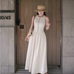 VÁY KEM XOÈ NÚT XUKADRESS, váy kem dáng dài sát nách sang chảnh 7