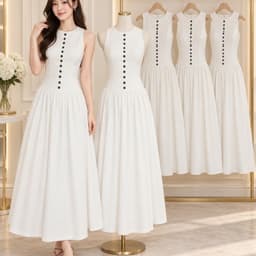 VÁY KEM XOÈ NÚT XUKADRESS, váy kem dáng dài sát nách sang chảnh 1