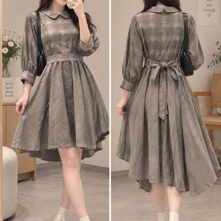 [2hand] Váy sơ mi thu đông phối caro có dây thắt eo size S-M