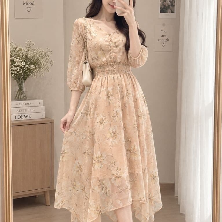 [2hand] Váy voan tơ hồng hoa  2 lớp có áo 2 dây bên trong freesize