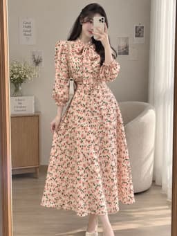 [2hand] Váy voan thu tay lỡ bồng hoa hồng có nơ cổ size S đầm thu 1