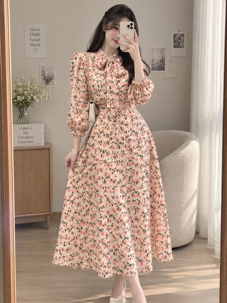 [2hand] Váy voan thu tay lỡ bồng hoa hồng có nơ cổ size S đầm thu